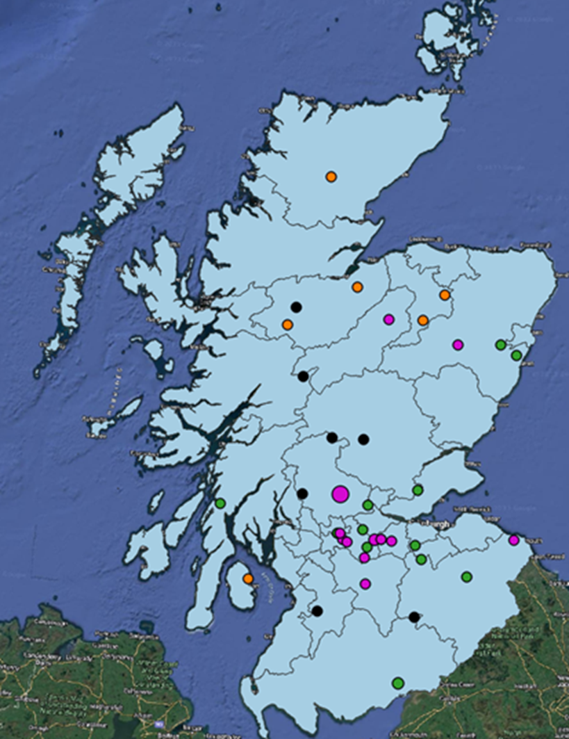 A map of Scotland shaded in blue with differently coloured dots spread across it.