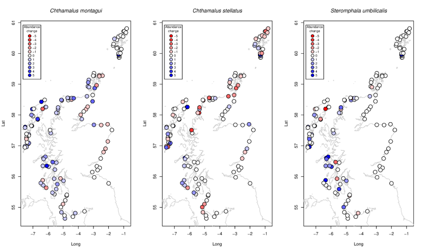 Showing 3 maps of Scotland, including the Outer Hebrides, Shetland and Orkney. Dots represents survey locations and are coloured depending on change in abundance.