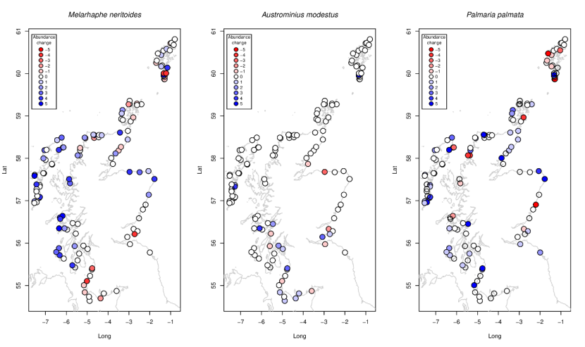 Showing 3 maps of Scotland, including the Outer Hebrides, Shetland and Orkney. Dots represents survey locations and are coloured depending on change in abundance.