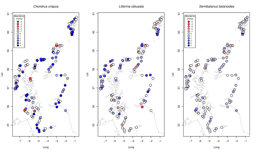 Showing 3 maps of Scotland, including the Outer Hebrides, Shetland and Orkney. Dots represents survey locations and are coloured depending on change in abundance.