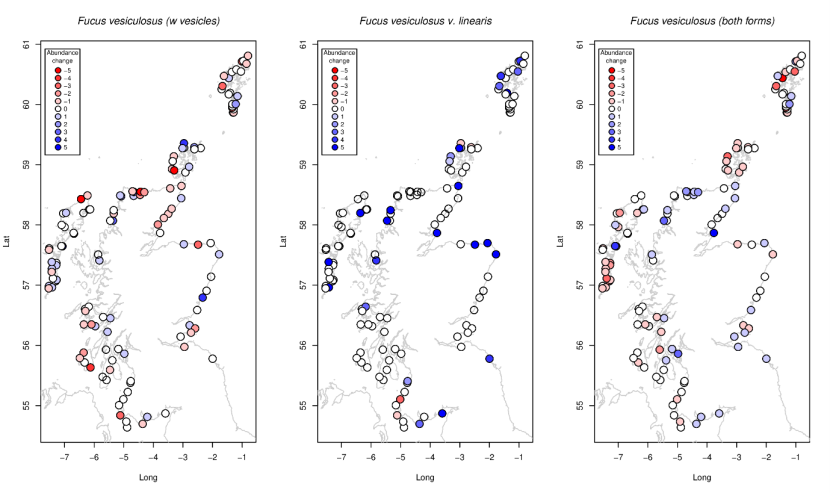 Showing 3 maps of Scotland, including the Outer Hebrides, Shetland and Orkney. Dots represents survey locations and are coloured depending on change in abundance.