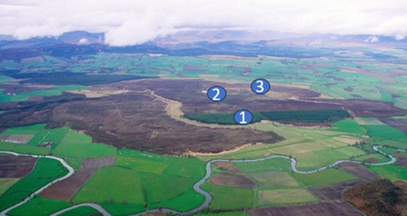 An aerial photograph showing the bog area of Flanders Moss with three marked reference points.