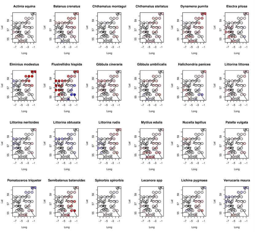 Showing 24 maps of Scotland, including the Outer Hebrides, Shetland and Orkney. Dots represents survey locations and are coloured depending on change in abundance. This is a complex figure and supplementary information that explains notable trends in the data can be found in the above text.