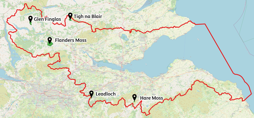 Map of the Forth catchment area showing the location of five peatland sites.