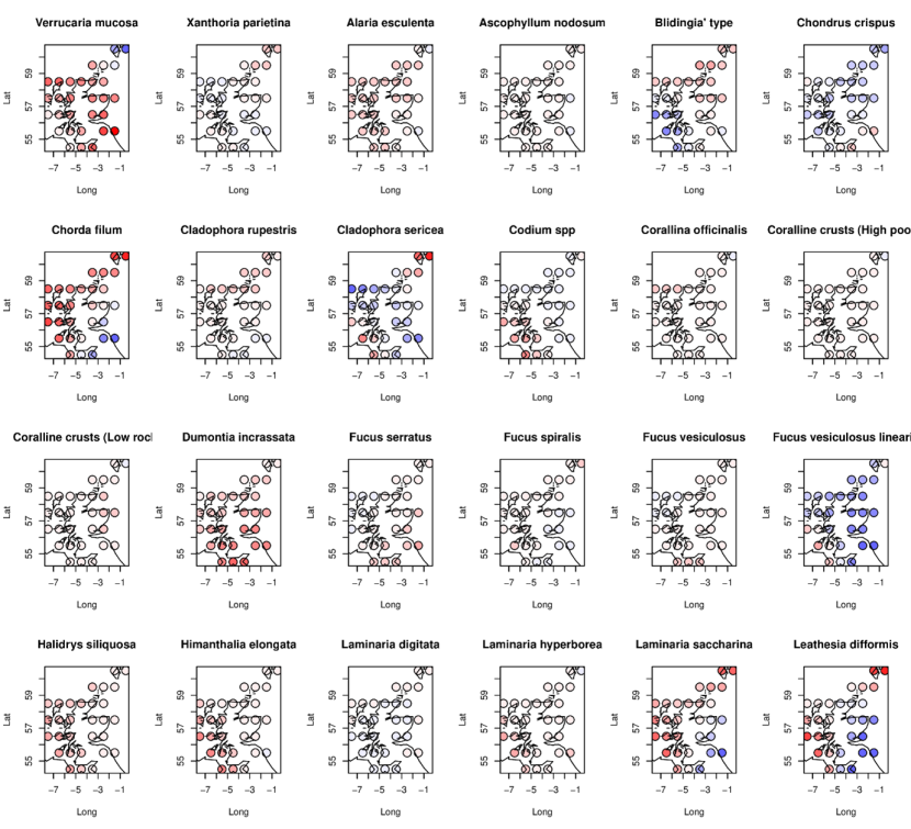 Showing 24 maps of Scotland, including the Outer Hebrides, Shetland and Orkney. Dots represents survey locations and are coloured depending on change in abundance. This is a complex figure and supplementary information that explains notable trends in the data can be found in the above text.