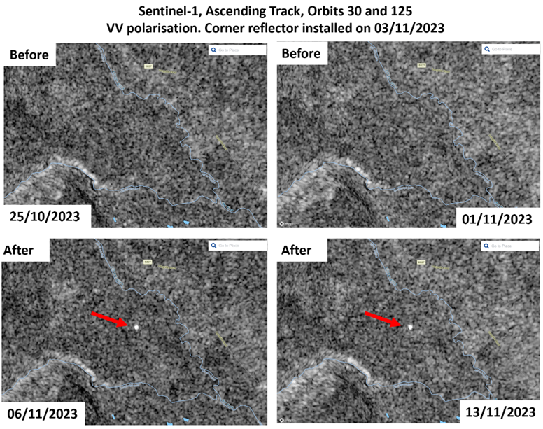 A collage of four images showing a black and white haze, the top two from 25 October and 1 November 2023, the bottom two from 6 and 13 November 2023. The bottom two images have bright white spots in the middle that are highlighted by red arrows pointing at them.