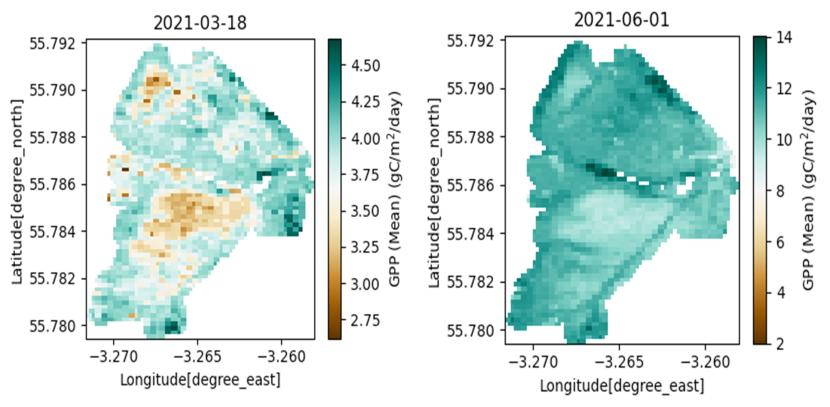 A collage of two maps in the shape of Auchencorth Moss overlaid by blue to brown gradients. Left-hand map from March 2021 showing considerably more light blue and brown (lower GPP), right-hand map from June 2021 showing considerably more dark blue (higher GPP).