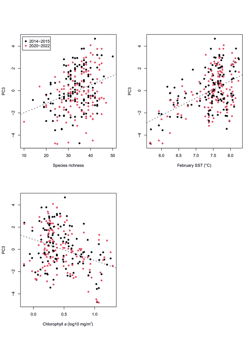 Showing 3 scatter plots with linear regressions represented by dashed lines.