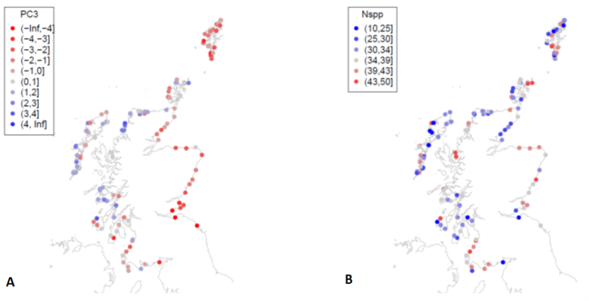 Showing 2 maps of Scotland, including the Outer Hebrides, Shetland and Orkney. Dots represents survey locations and are coloured depending on the principal component value.