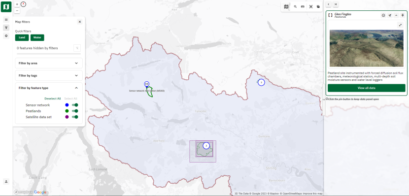 A screenshot of a computer dashboard with a map and aerial image of a peat bog within an information panel on the right-hand side.