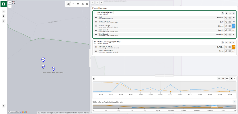 A screenshot of a computer dashboard showing a map with markers and side panels with a selection tool.