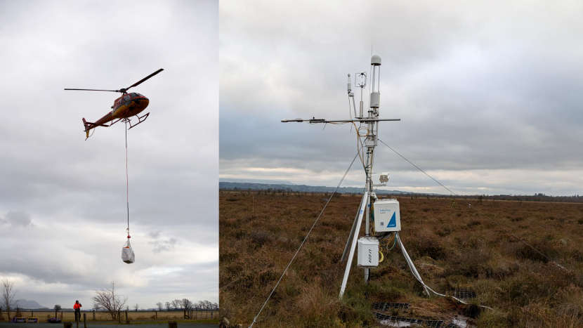 Left image showing a helicopter carrying a large white bag attached to a rope over a field. Right image showing a white tower with multiple mounted sensors on a bog.