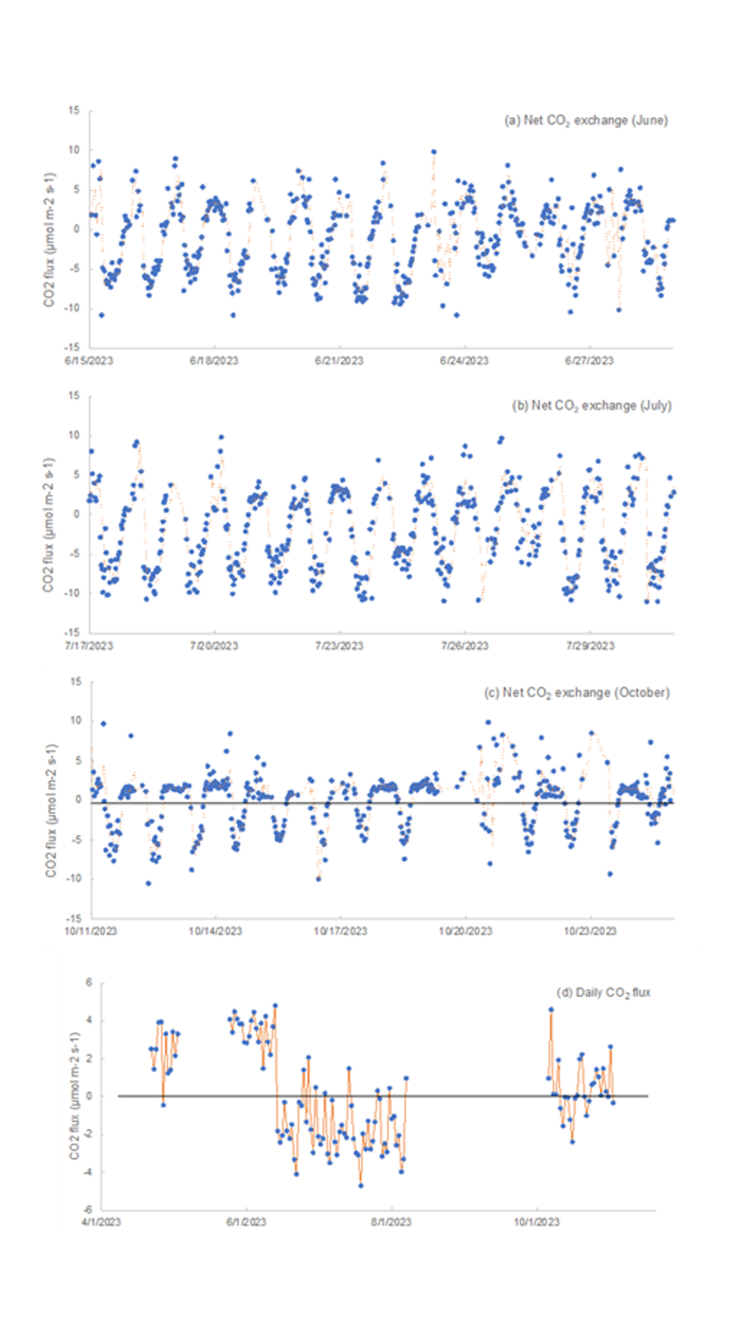 Four different graphs with orange lines and blue dots (each a flux estimate) covering different timeframes between June and late October 2023.