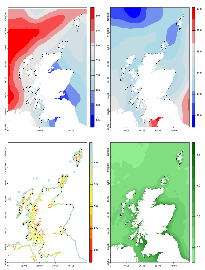 Four maps of Scotland that are coloured to represent the environmental variables: a) February sea surface temperature; b) August sea surface temperature; c) Summed wave fetch; and d) average satellite-derived chlorophyll a concentration.