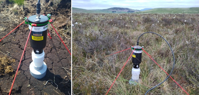 Two images of a medium-sized cylinder shaped black and white device on the ground of a bog. It is fixed to the ground by four red ropes.
