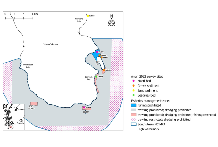 Map of South Arran showing survey sites, fishing order areas and designated site boundary.