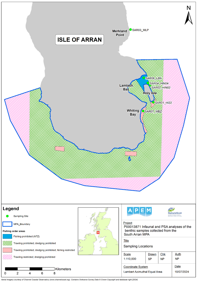 Map of South Arran showing sampling locations, fishing order areas and designated site boundary.