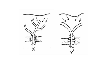 Diagram of poor ditching with sharp angles and too many ditches and Diagram of good ditching catching water in a y-shape with a smooth gradient. As described in section 2.1 of the Upland Pathwork Manual.