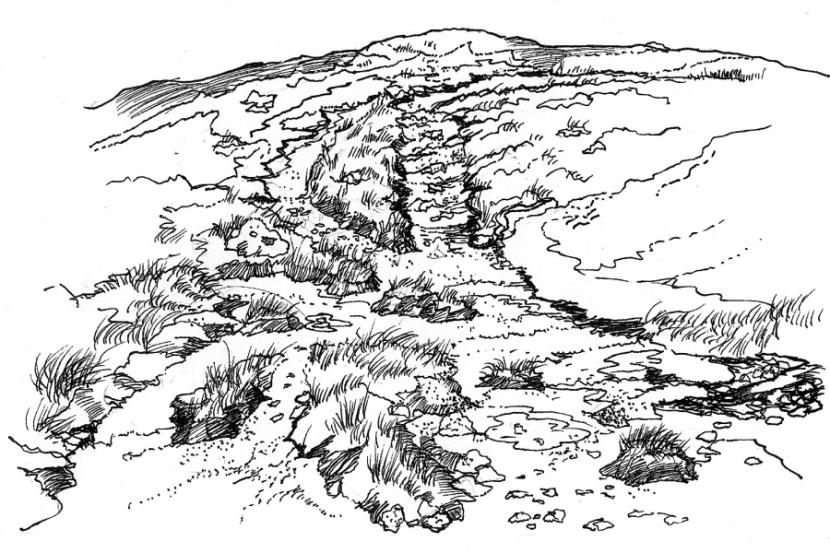 Diagram of an upland path before site restoration, as described in section 4.0 of the Upland Pathwork Manual.