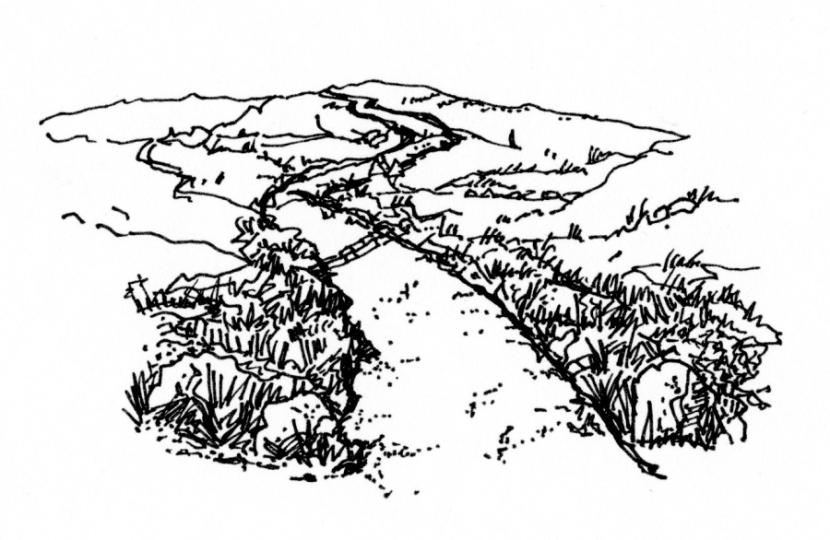Diagram showing containing path use through landscaping - as described in section 4.3 of the Upland Pathwork Manual.