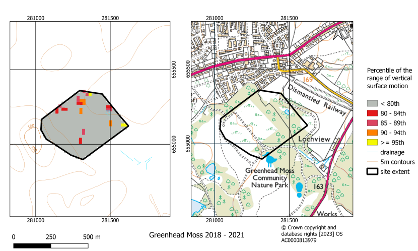 Classified map of the range of vertical surface motion