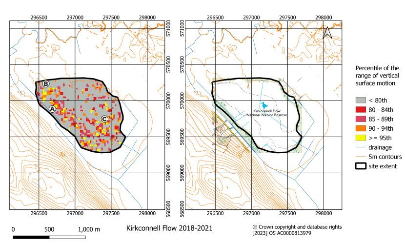 Classified map of the range of vertical surface motion