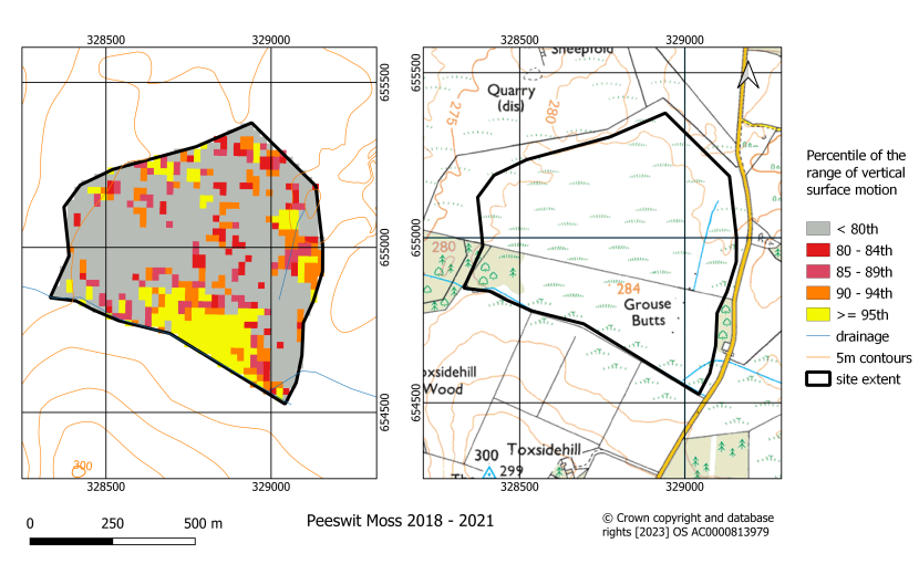 Classified map of the range of vertical surface motion