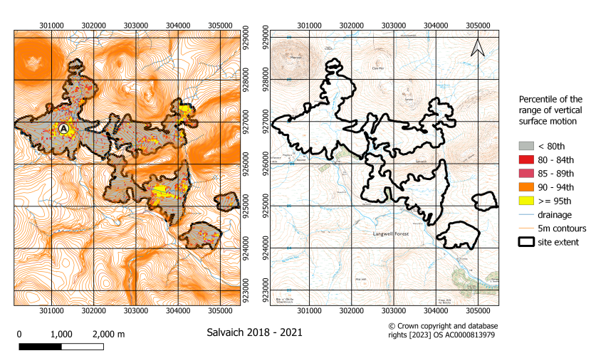 Classified map of the range of vertical surface motion