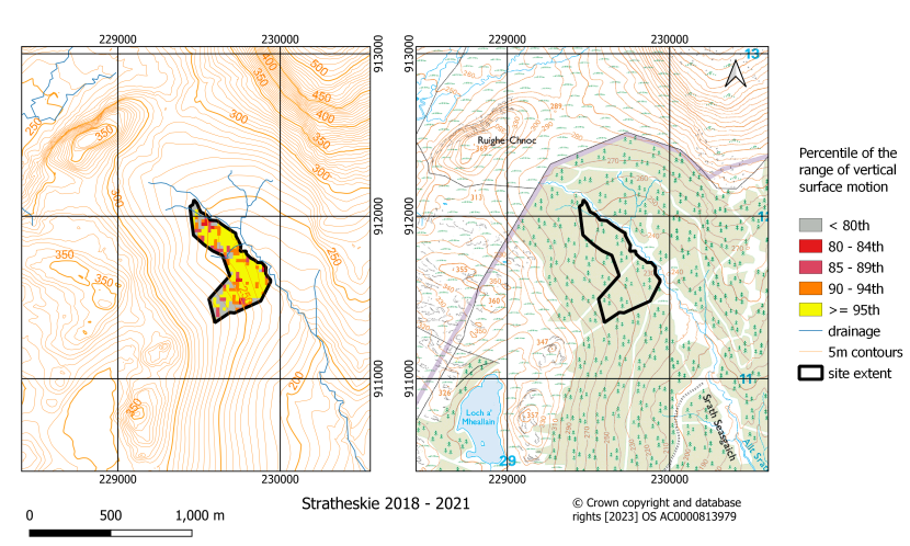 Classified map of the range of vertical surface motion