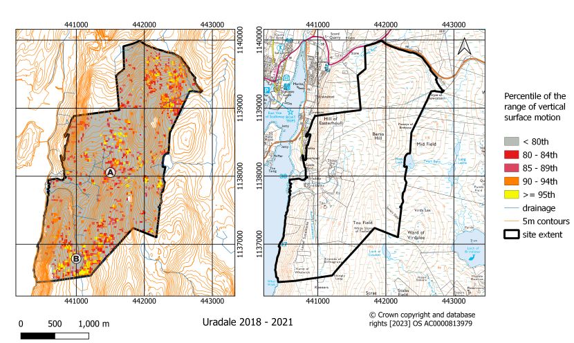 Classified map of the range of vertical surface motion