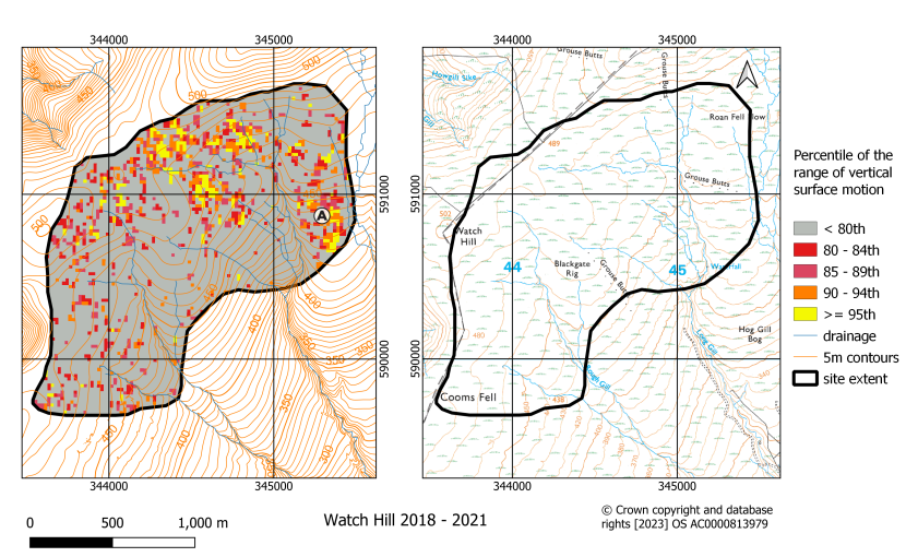 Classified map of the range of vertical surface motion