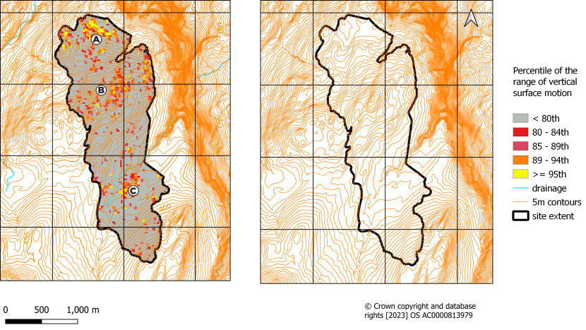 Classified map of the range of vertical surface motion