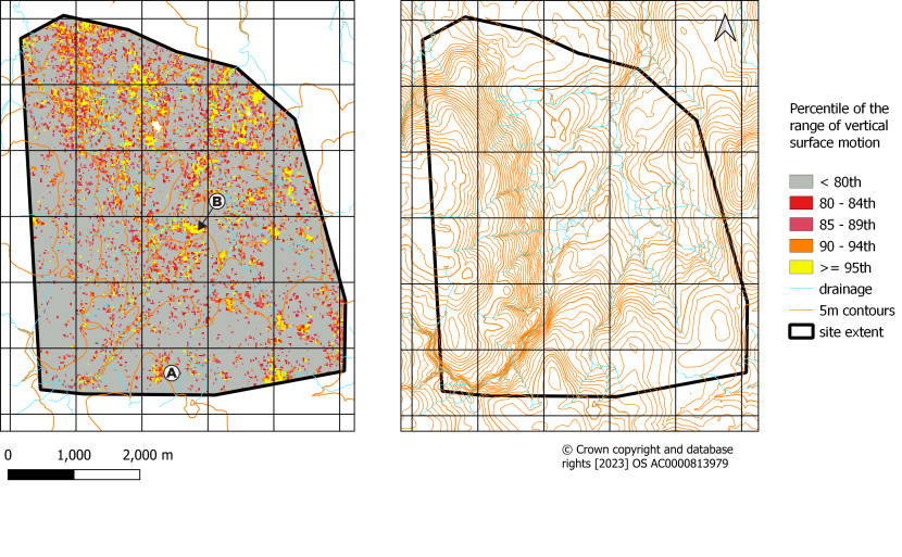 Classified map of the range of vertical surface motion