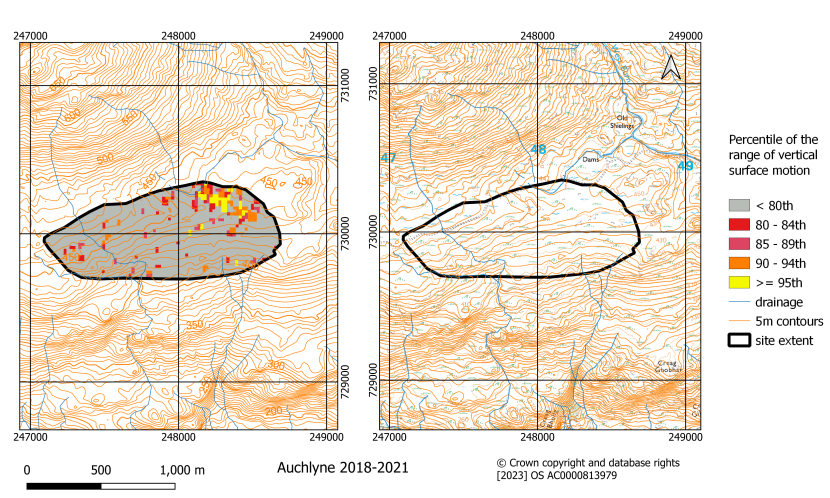Classified map of the range of vertical surface motion