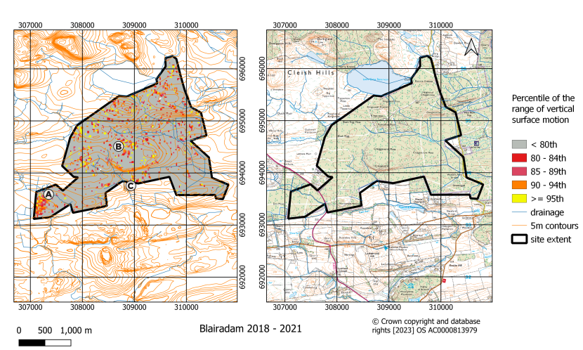 Classified map of the range of vertical surface motion