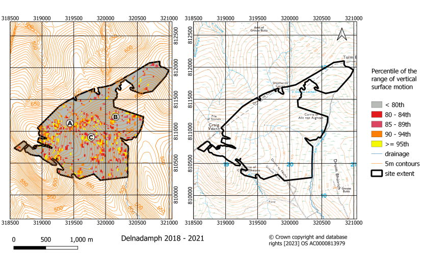 Classified map of the range of vertical surface motion