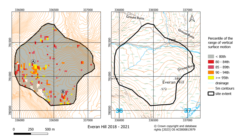 Classified map of the range of vertical surface motion