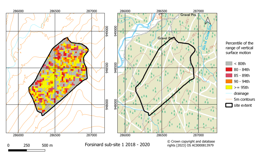 Classified map of the range of vertical surface motion