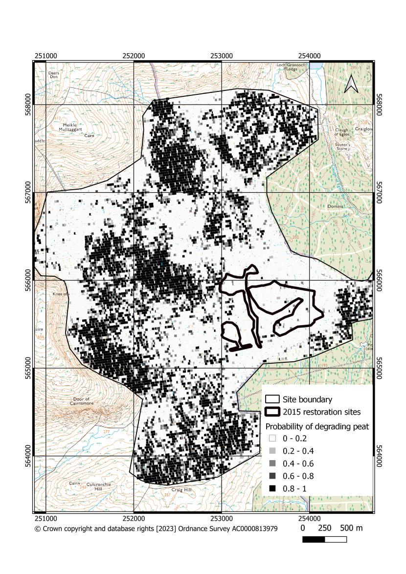 Map of degrading peat in Cairnsmore National Nature Reserve classified using the Probability Method