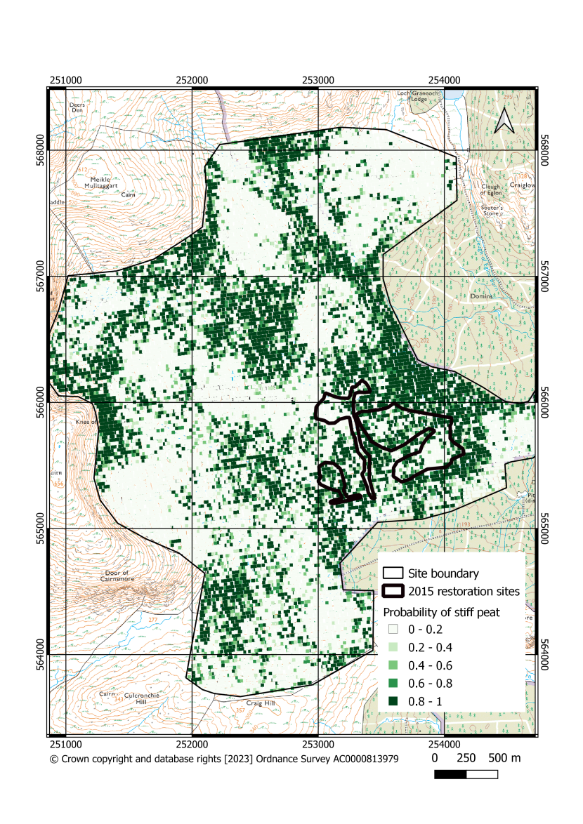 Map of peat in stiff condition in Cairnsmore National Nature Reserve classified using the Probability Method