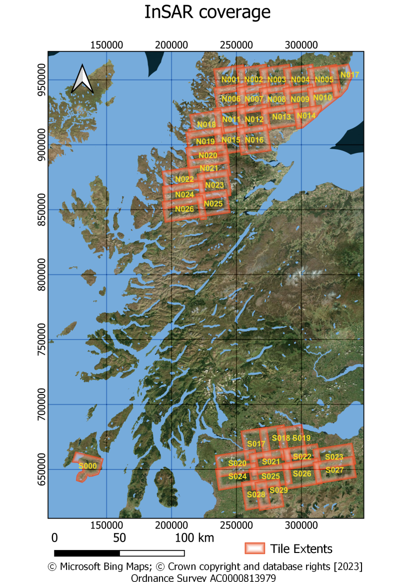 Map showing the distribution of the InSAR data tiles used in this study