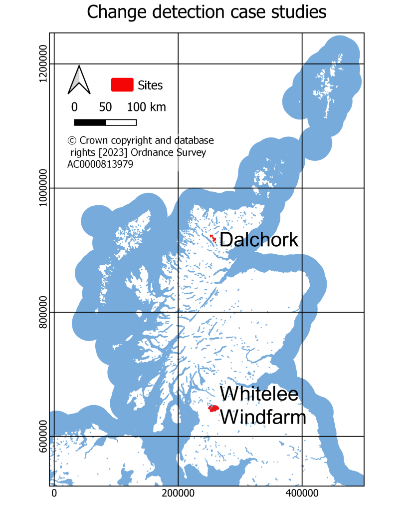 Map showing the location of the Whitelee Windfarm and Dalchork