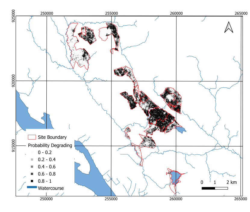 Map of Dalchork showing the probability that the peat is in a degrading condition