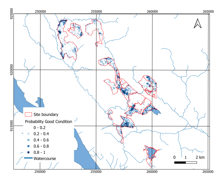 Map of Dalchork showing the probability that the peat is in a good condition