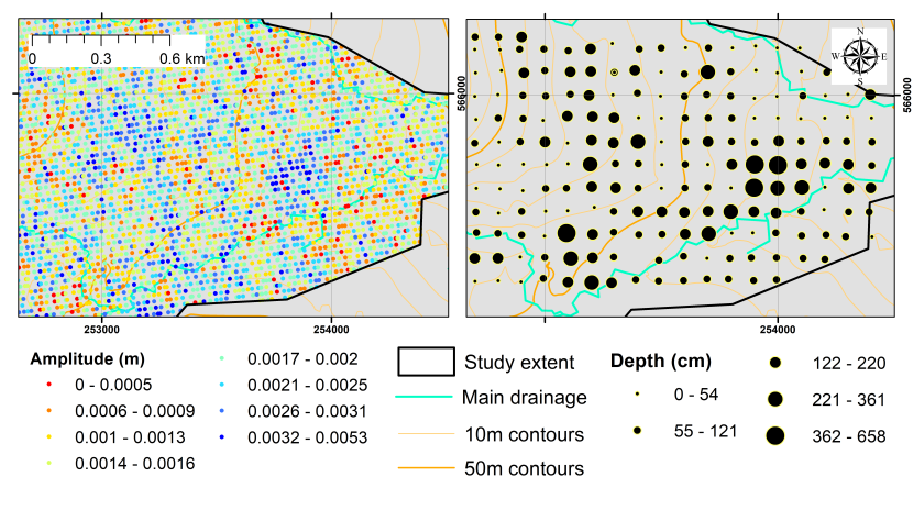 Maps comparing InSAR amplitude and peat depth