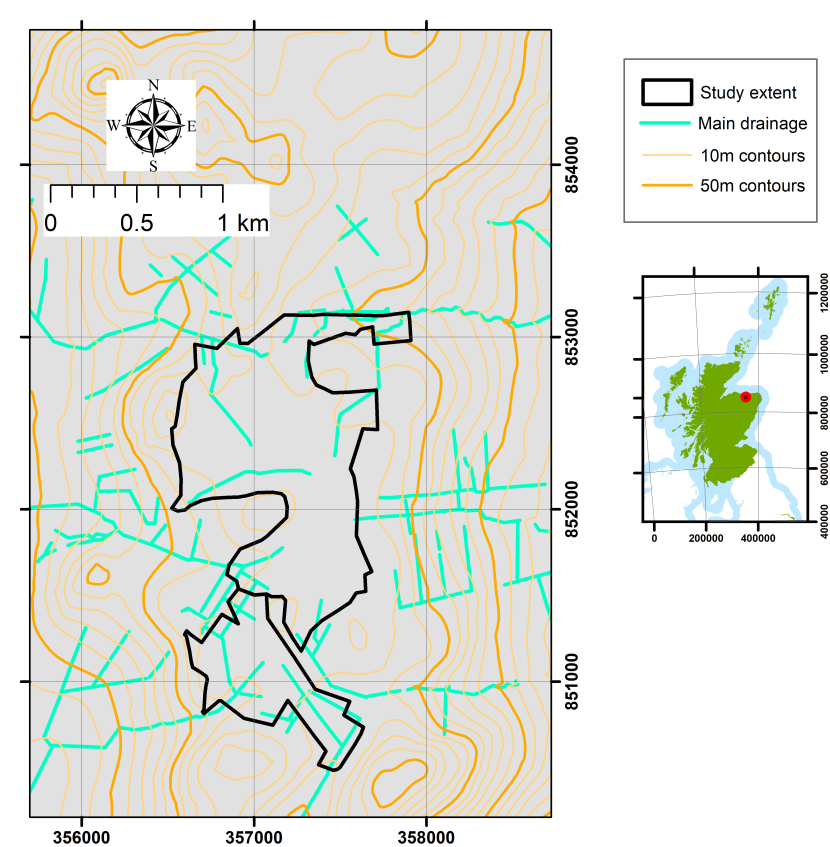 Map showing Moss of Crombie location, extent, and topography