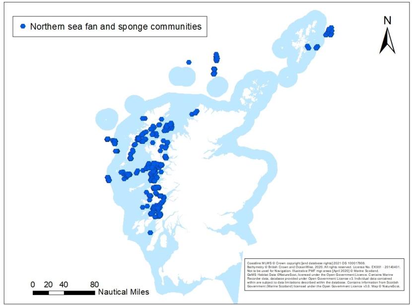 A map showing locations of recorded northern sea fan and sponge communities off Scotland's coast
