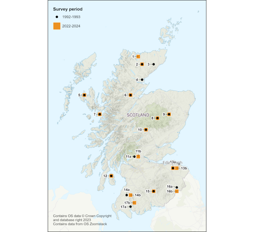 Map of Scotland showing the location and number of Adder Survey questionnaire returns from each 10km square