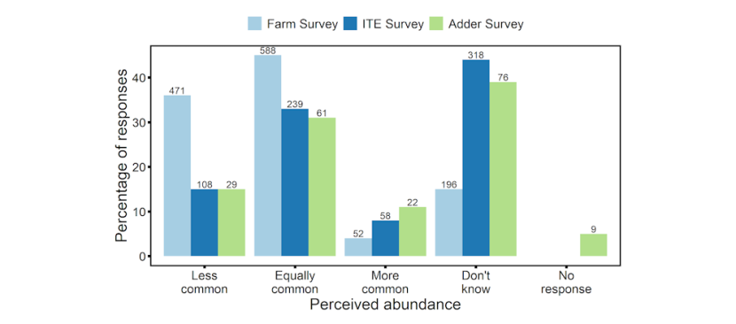Bar chart showing changes in perceived adder abundance over a 10-year period