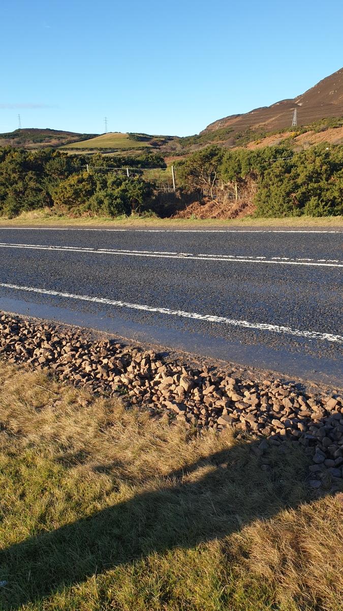The A9 in the foreground, a boundary fence on the other side overgrown with gorse, and views of hillsides in background. 